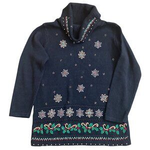 Vtg Holiday Turtleneck Christmas Sweater Embroidered Beaded Snowflakes Holly M